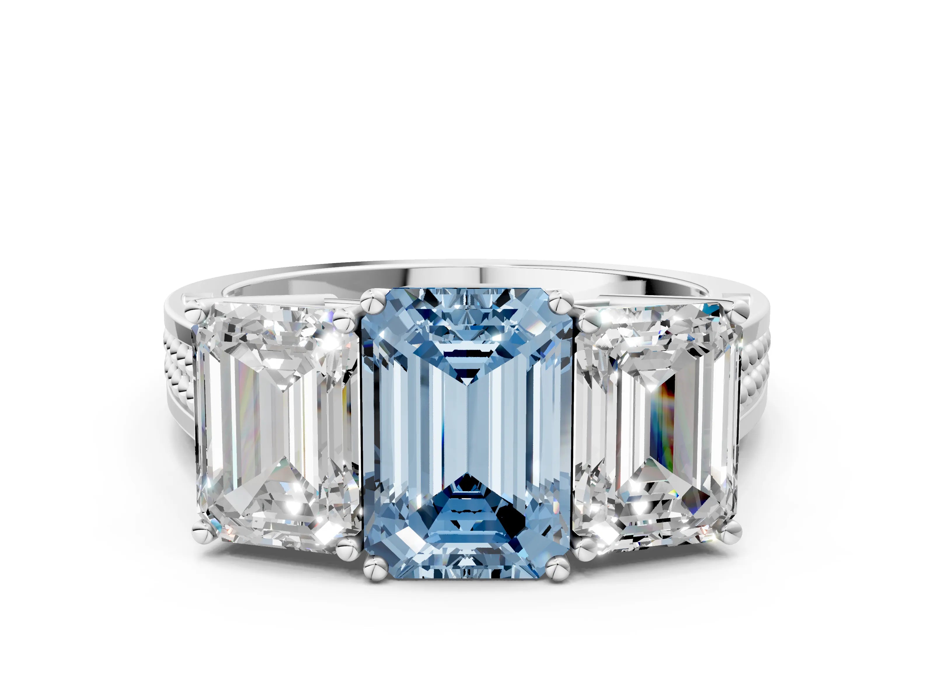 White gold Fancy Blue Emerald Cut Diamond Three-Stone Ring with Prong Setting and Textured Band_24
