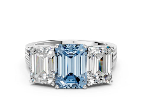 White gold Fancy Blue Emerald Cut Diamond Three-Stone Ring with Prong Setting and Textured Band_24