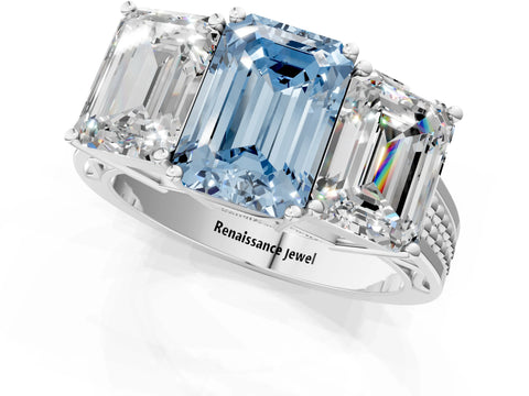 White gold Fancy Blue Emerald Cut Diamond Three-Stone Ring with Prong Setting and Textured Band_25