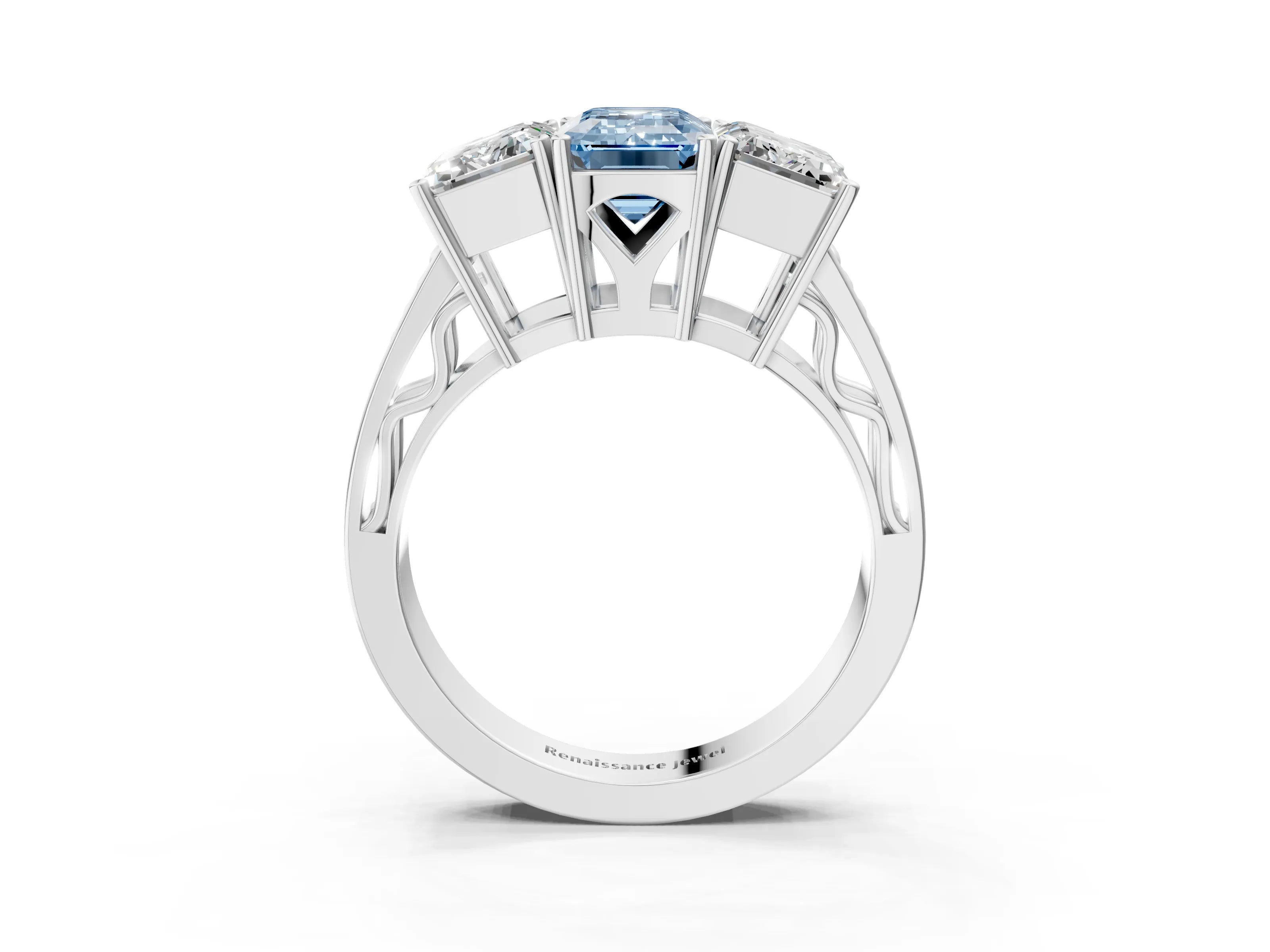 White gold Fancy Blue Emerald Cut Diamond Three-Stone Ring with Prong Setting and Textured Band_27