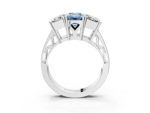 White gold Fancy Blue Emerald Cut Diamond Three-Stone Ring with Prong Setting and Textured Band_27