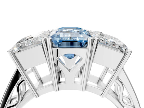 White gold Fancy Blue Emerald Cut Diamond Three-Stone Ring with Prong Setting and Textured Band_28