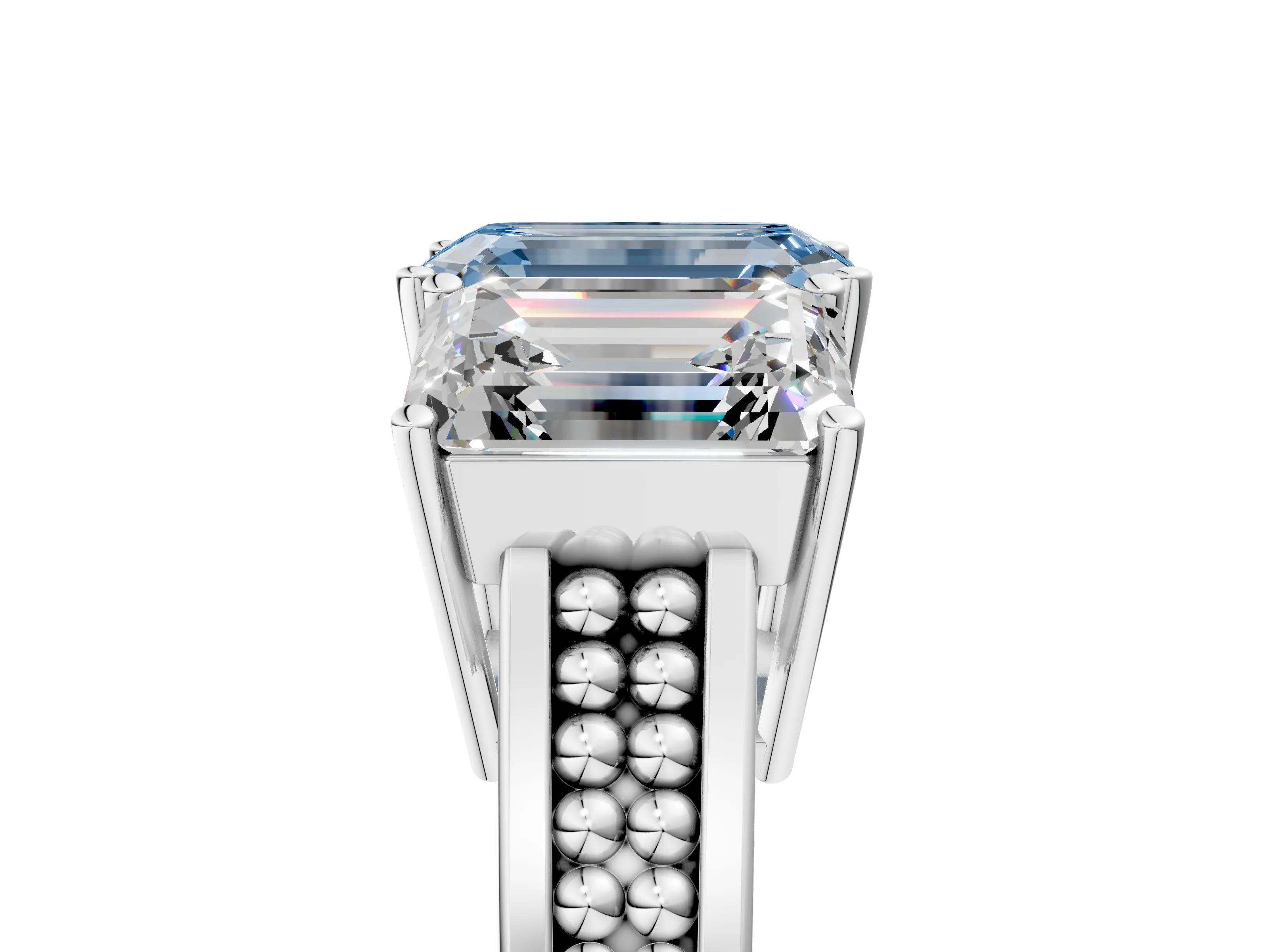 White gold Fancy Blue Emerald Cut Diamond Three-Stone Ring with Prong Setting and Textured Band_29