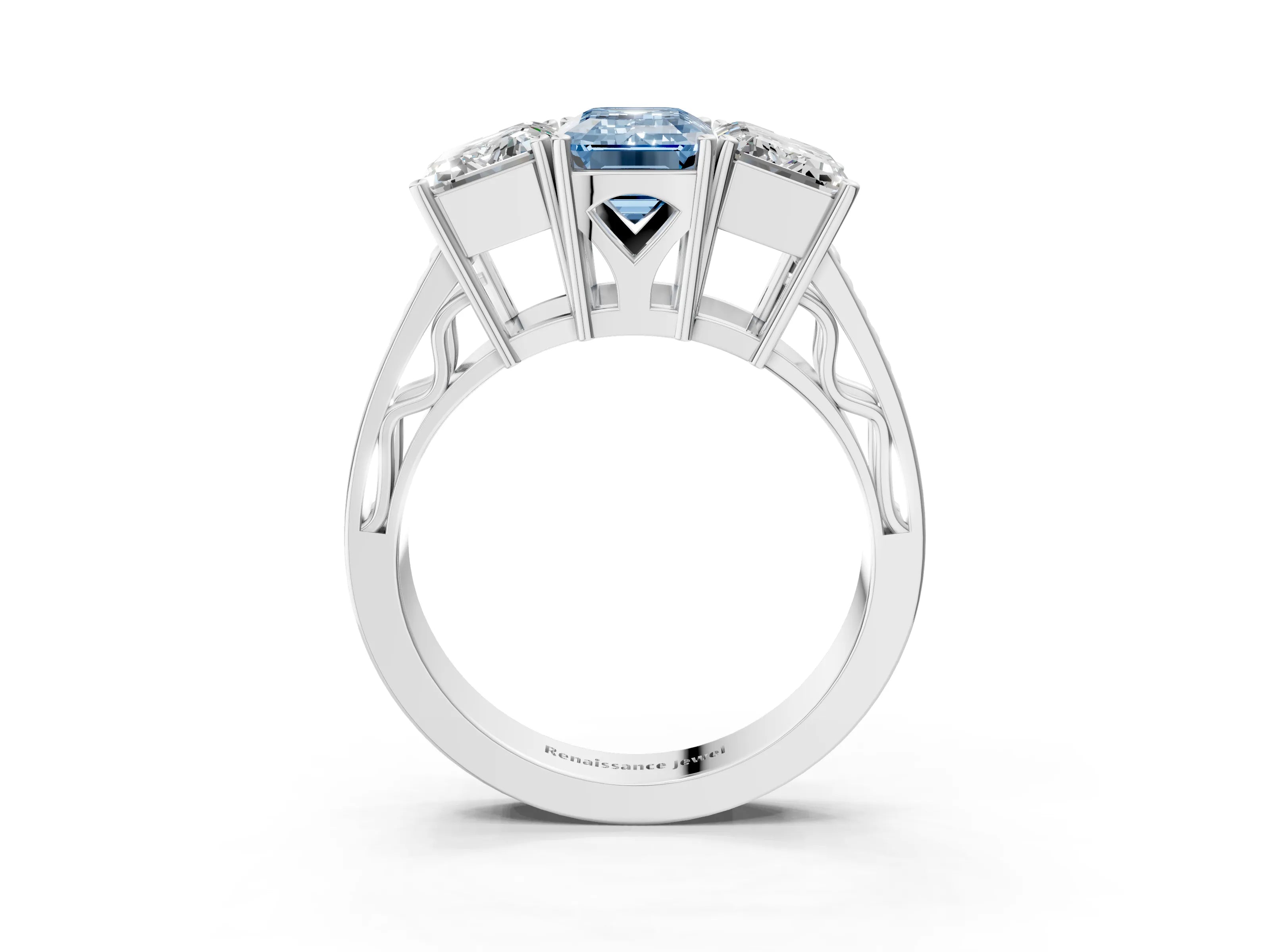 White gold Fancy Blue Emerald Cut Diamond Three-Stone Ring with Prong Setting and Textured Band_3