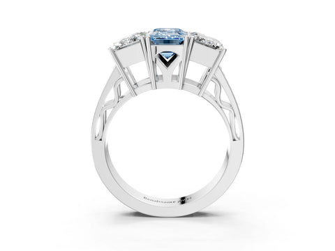 White gold Fancy Blue Emerald Cut Diamond Three-Stone Ring with Prong Setting and Textured Band_3