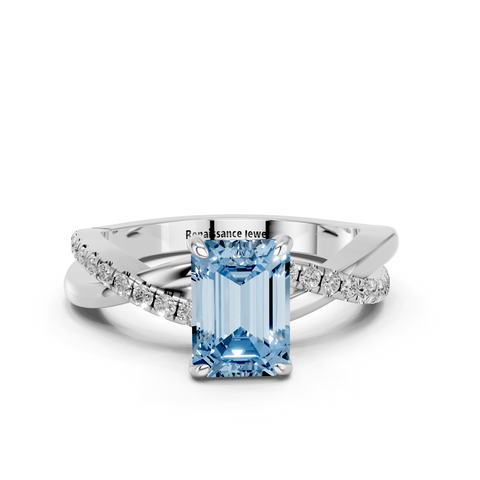 White gold Fancy Blue Emerald  Cut Diamond Twist Band Solitaire with Prong Setting_11