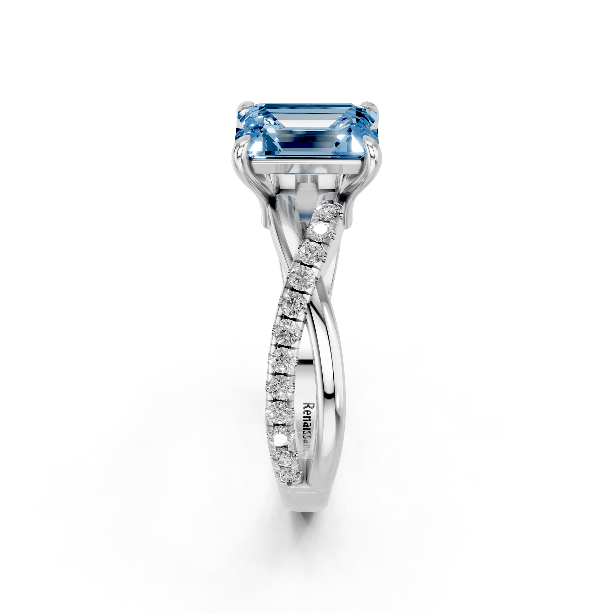 White gold Fancy Blue Emerald  Cut Diamond Twist Band Solitaire with Prong Setting_4