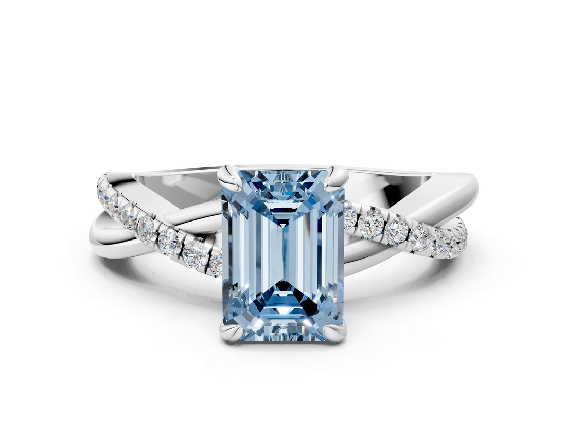 White gold Fancy Blue Emerald  Cut Diamond Twist Band Solitaire with Prong Setting_55