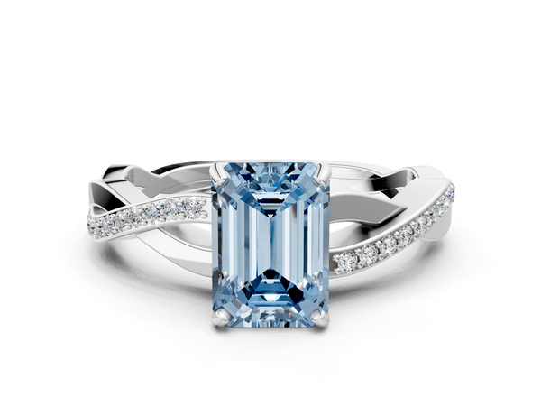 White gold Fancy Blue Emerald  Cut Diamond Twisted Band Engagement Ring with Prong Setting