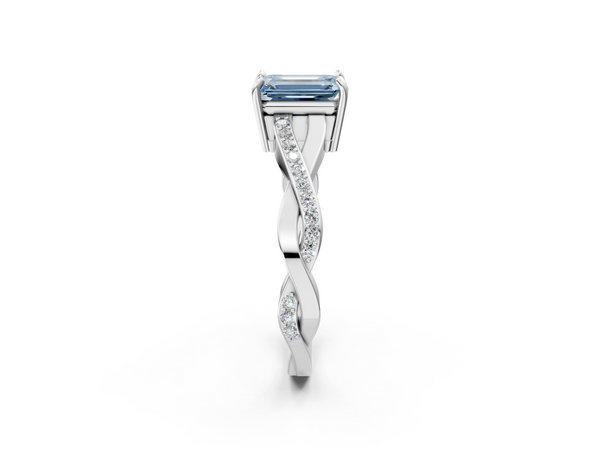 White gold Fancy Blue Emerald  Cut Diamond Twisted Band Engagement Ring with Prong Setting