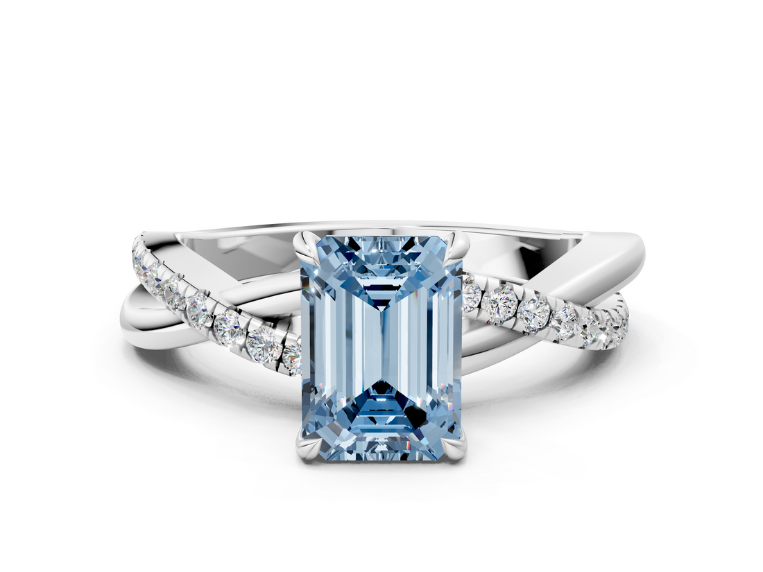 White gold Fancy Blue Emerald  Cut Diamond Twisted Band with Pavé Setting and Four-Prong Setting_20