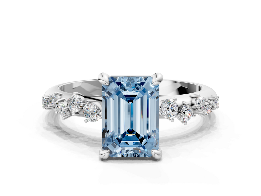 White gold Fancy Blue Emerald  Cut Diamond Vine Band with Four-Prong Setting_57