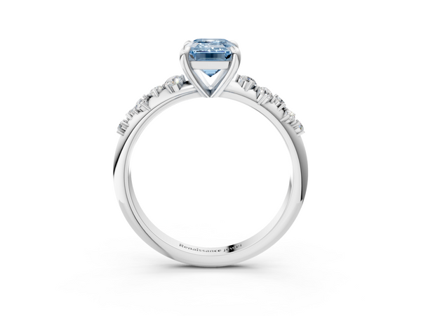 White gold Fancy Blue Emerald  Cut Diamond Vine Band with Four-Prong Setting