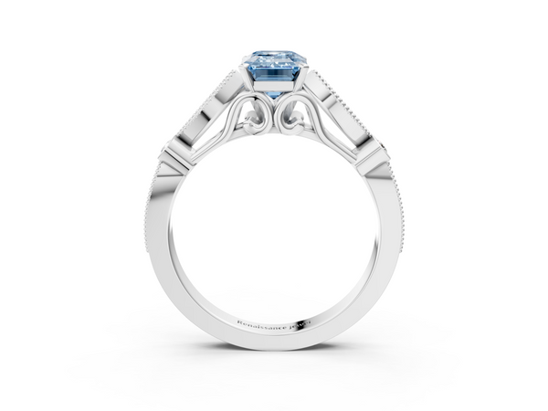 White gold Fancy Blue Emerald  Cut Diamond with Milgrain Marquise and Bezel Accents on a Solitaire Band with Prong Setting