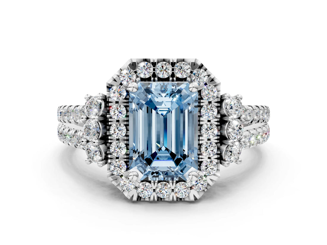 White gold Fancy Blue Emerald  Cut Double Halo Diamond Engagement Ring with Pave Band and Four-Prong Setting_111