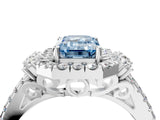 White gold Fancy Blue Emerald  Cut Double Halo Diamond Engagement Ring with Pave Band and Four-Prong Setting_115