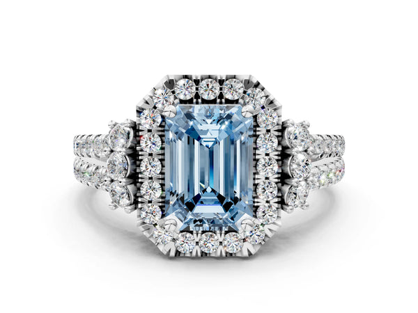 White gold Fancy Blue Emerald  Cut Double Halo Diamond Engagement Ring with Pave Band and Four-Prong Setting