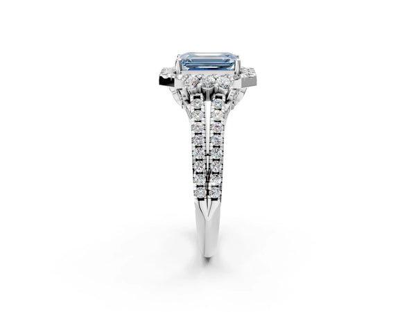 White gold Fancy Blue Emerald  Cut Double Halo Diamond Engagement Ring with Pave Band and Four-Prong Setting