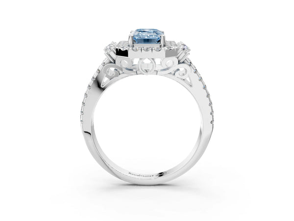 White gold Fancy Blue Emerald  Cut Double Halo Diamond Engagement Ring with Pave Band and Four-Prong Setting