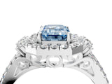 White gold Fancy Blue Emerald  Cut Double Halo Diamond Engagement Ring with Pave Band and Four-Prong Setting_99