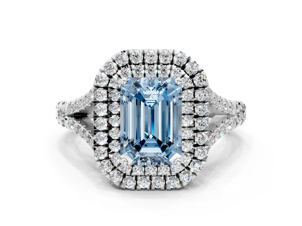 White gold Fancy Blue Emerald  Cut Double Halo Split Shank Diamond Ring with Prong Setting