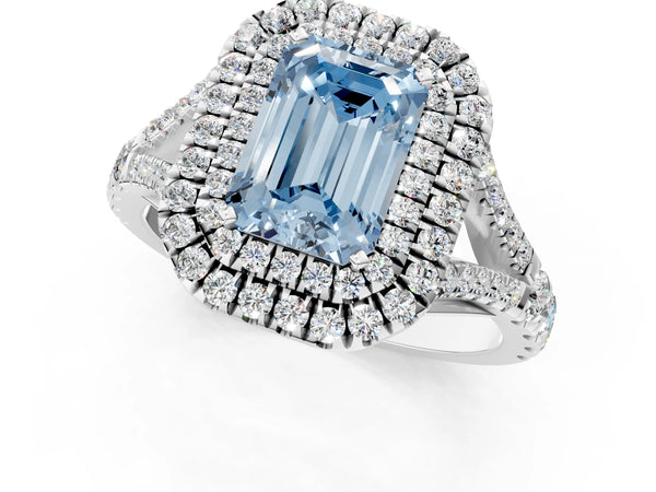White gold Fancy Blue Emerald  Cut Double Halo Split Shank Diamond Ring with Prong Setting