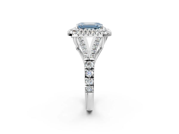 White gold Fancy Blue Emerald  Cut Double Halo Split Shank Diamond Ring with Prong Setting