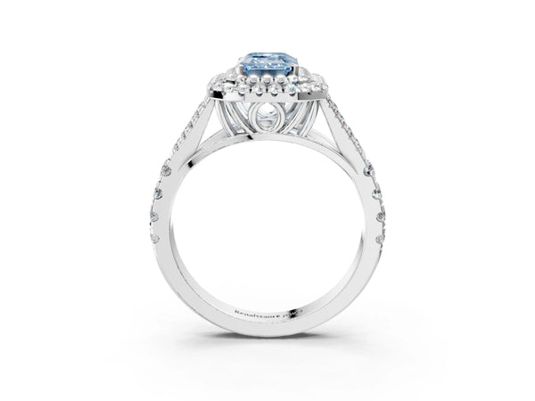 White gold Fancy Blue Emerald  Cut Double Halo Split Shank Diamond Ring with Prong Setting