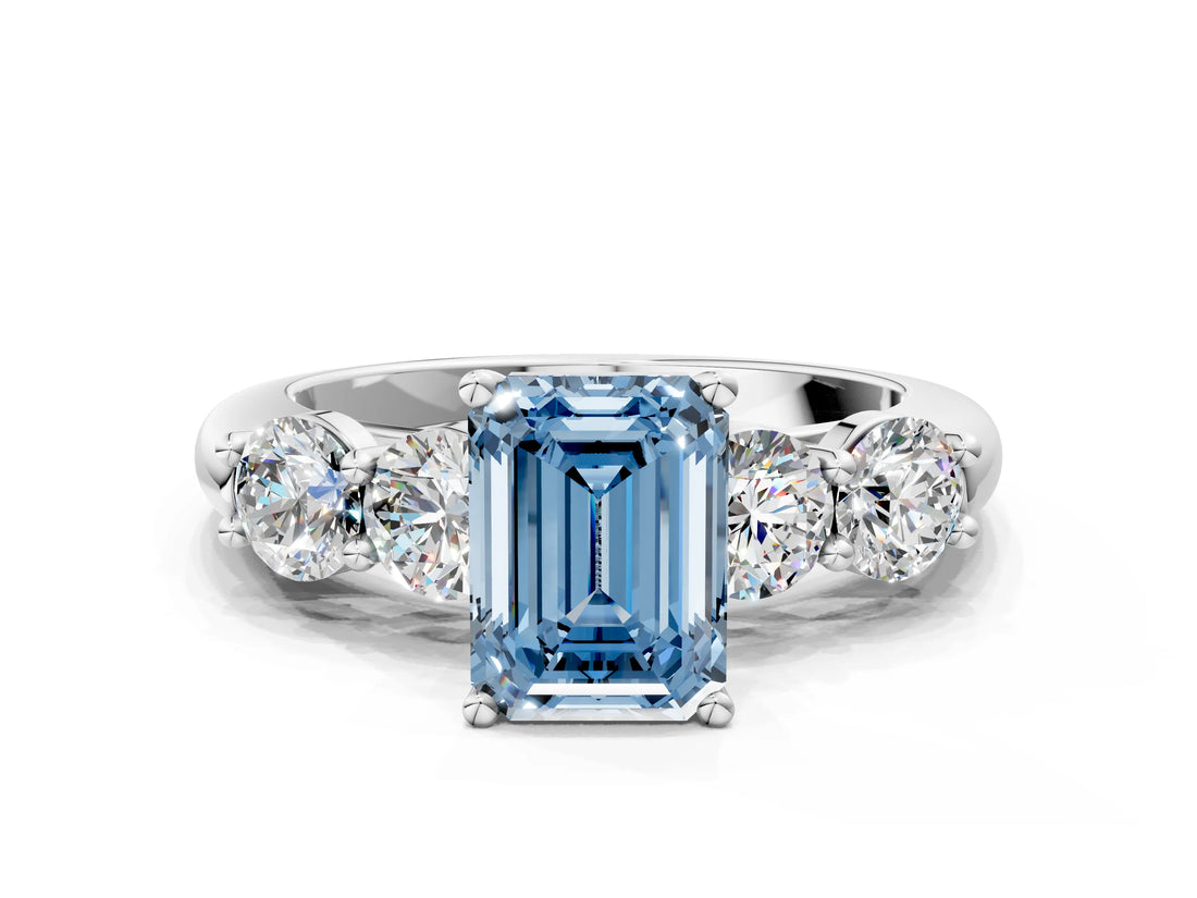 White gold Fancy Blue Emerald  Cut Five-Stone Prong Set Diamond Ring with Classic Band_32