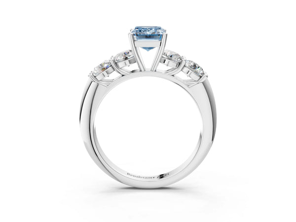 White gold Fancy Blue Emerald  Cut Five-Stone Prong Set Diamond Ring with Classic Band