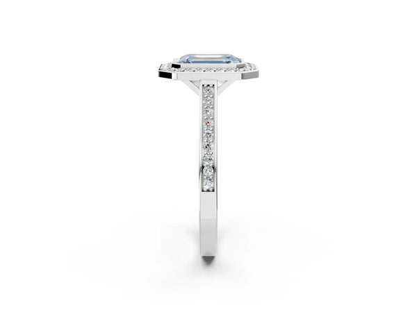 White gold Fancy Blue Emerald Cut Halo Bezel Diamond Pave Band Ring