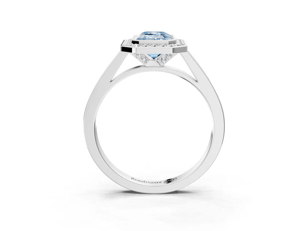 White gold Fancy Blue Emerald Cut Halo Bezel Diamond Pave Band Ring