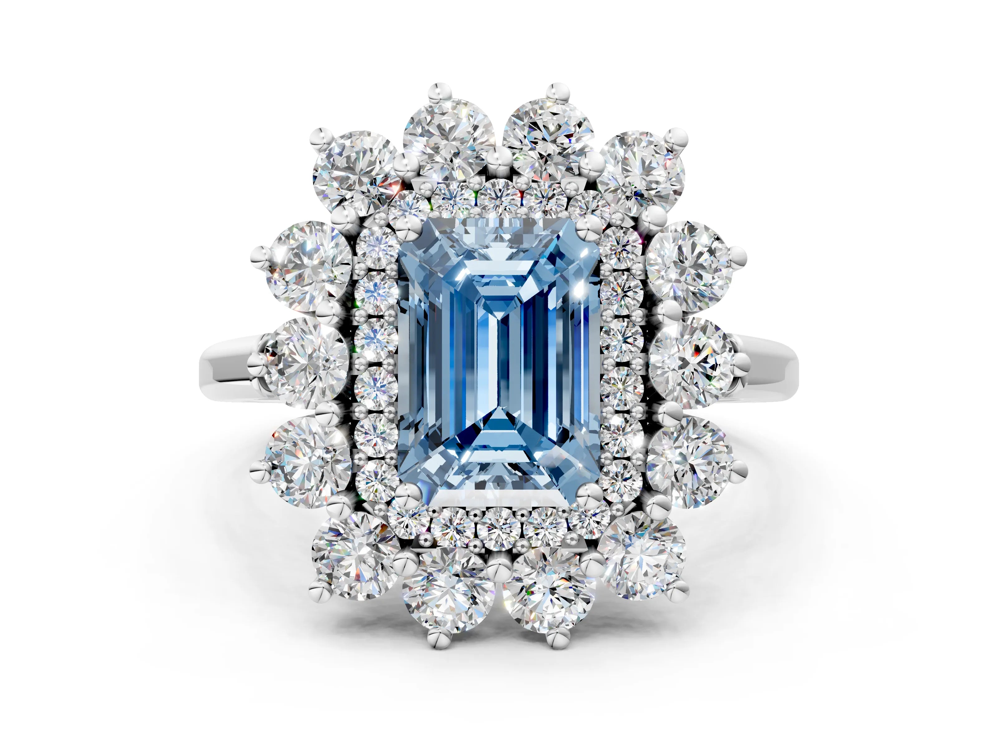 White gold Fancy Blue Emerald Cut Halo Cluster Diamond Ring with Pave Band and Four-Prong Setting_12