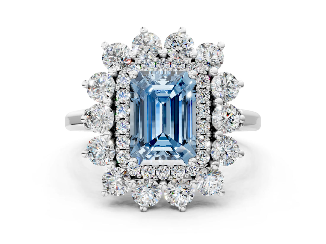 White gold Fancy Blue Emerald Cut Halo Cluster Diamond Ring with Pave Band and Four-Prong Setting_12