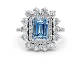 White gold Fancy Blue Emerald Cut Halo Cluster Diamond Ring with Pave Band and Four-Prong Setting_12
