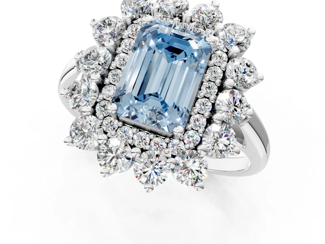 White gold Fancy Blue Emerald Cut Halo Cluster Diamond Ring with Pave Band and Four-Prong Setting_13