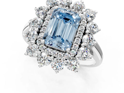 White gold Fancy Blue Emerald Cut Halo Cluster Diamond Ring with Pave Band and Four-Prong Setting_13