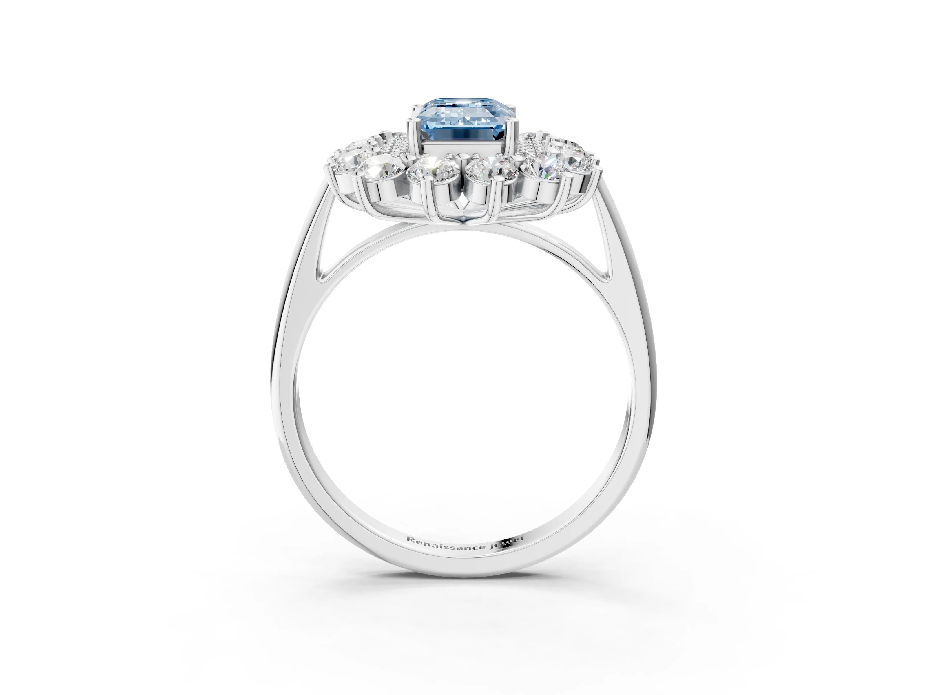 White gold Fancy Blue Emerald Cut Halo Cluster Diamond Ring with Pave Band and Four-Prong Setting_15