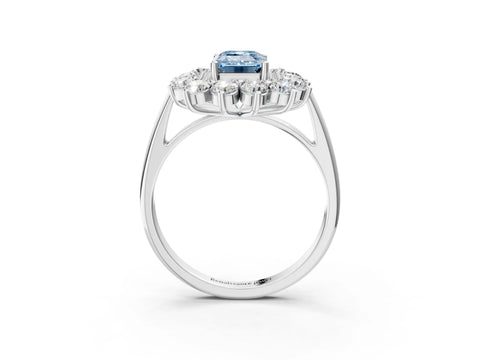 White gold Fancy Blue Emerald Cut Halo Cluster Diamond Ring with Pave Band and Four-Prong Setting_15