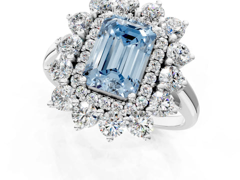White gold Fancy Blue Emerald Cut Halo Cluster Diamond Ring with Pave Band and Four-Prong Setting_1