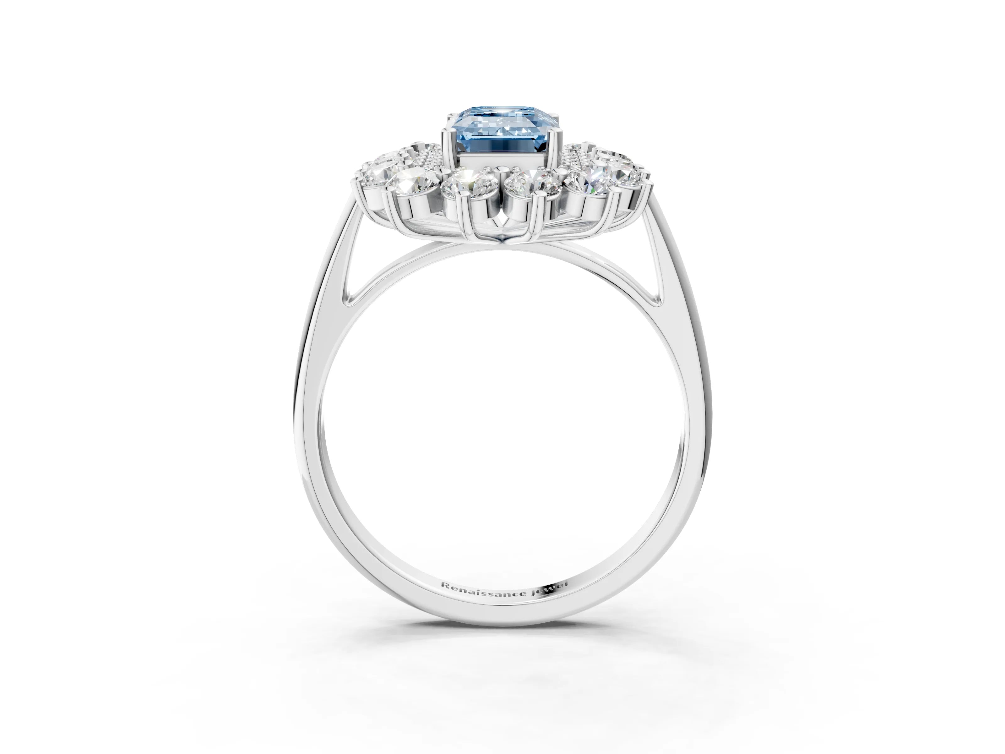 White gold Fancy Blue Emerald Cut Halo Cluster Diamond Ring with Pave Band and Four-Prong Setting_3