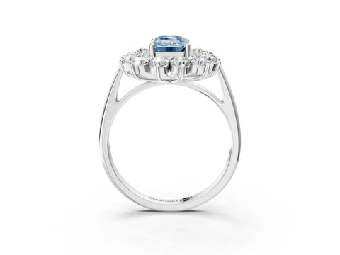 White gold Fancy Blue Emerald Cut Halo Cluster Diamond Ring with Pave Band and Four-Prong Setting_3