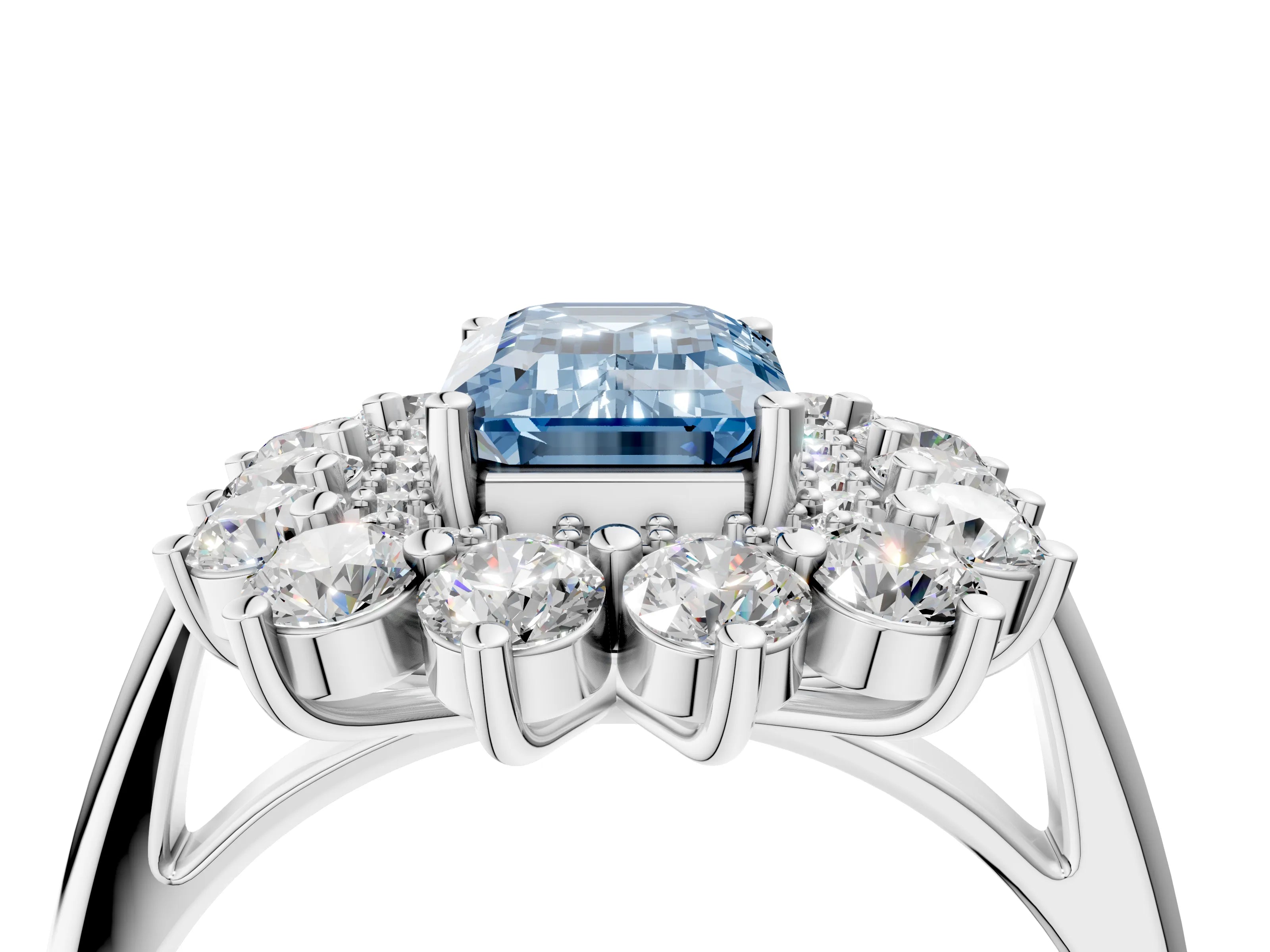 White gold Fancy Blue Emerald Cut Halo Cluster Diamond Ring with Pave Band and Four-Prong Setting_4