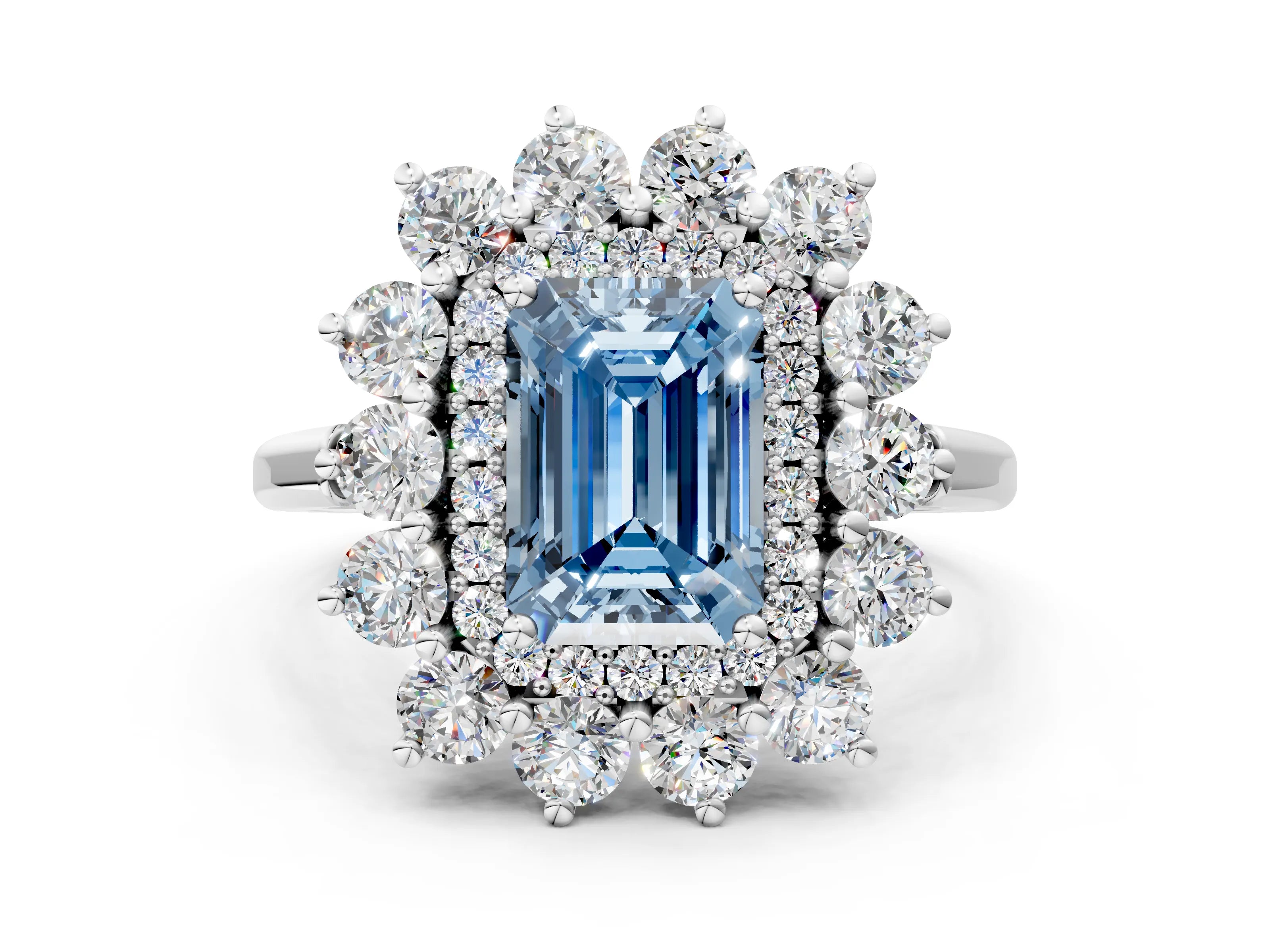 White gold Fancy Blue Emerald Cut Halo Cluster Diamond Ring with Pave Band and Four-Prong Setting