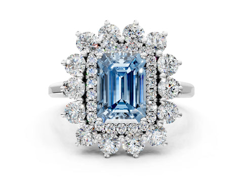 White gold Fancy Blue Emerald Cut Halo Cluster Diamond Ring with Pave Band and Four-Prong Setting