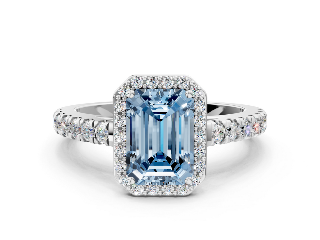 White gold Fancy Blue Emerald  Cut Halo Diamond Engagement Ring with Pave Band and Four-Prong Setting_28