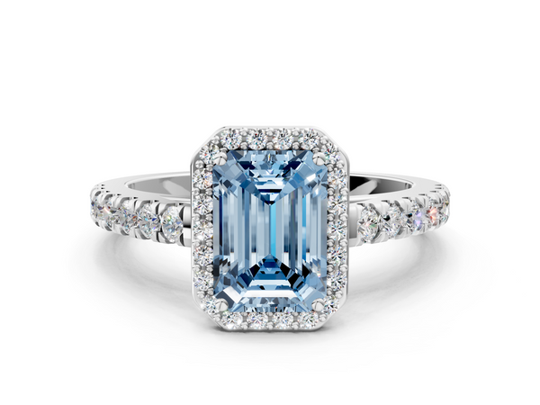 Platinum Fancy Blue Emerald  Cut Halo Diamond Engagement Ring with Pave Band and Four-Prong Setting
