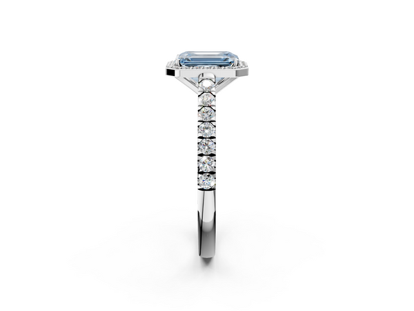 Platinum Fancy Blue Emerald  Cut Halo Diamond Engagement Ring with Pave Band and Four-Prong Setting