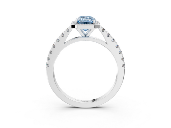 Platinum Fancy Blue Emerald  Cut Halo Diamond Engagement Ring with Pave Band and Four-Prong Setting