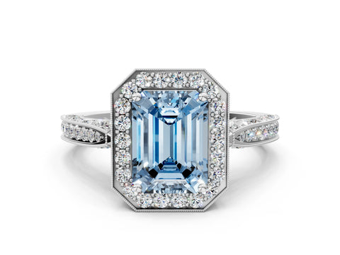 White gold Fancy Blue Emerald Cut Halo Diamond Engagement Ring with Split Shank Band and Four-Prong Setting_12